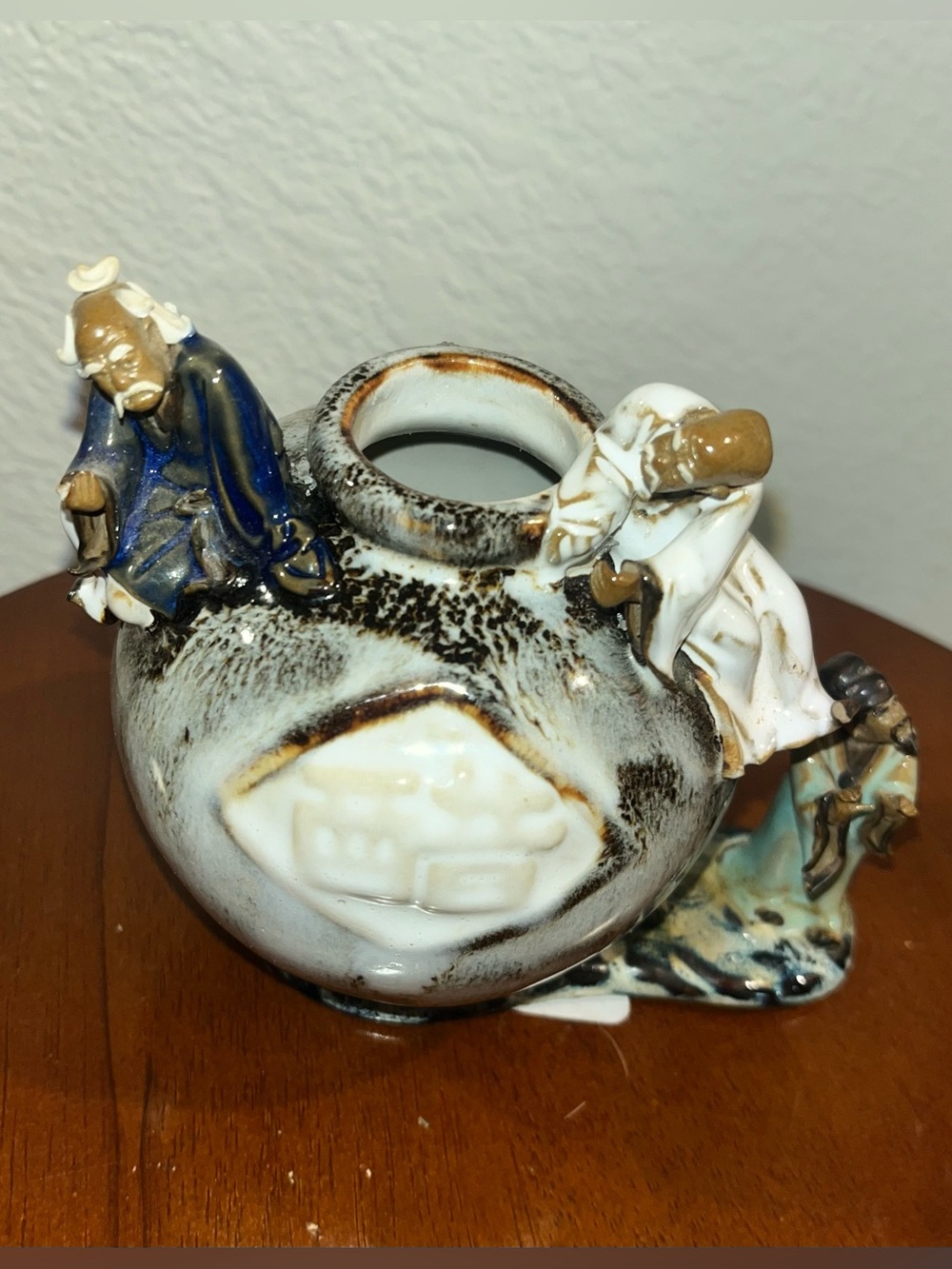 Decorative Ceramic Figurine Vase in White, Brown and Blue